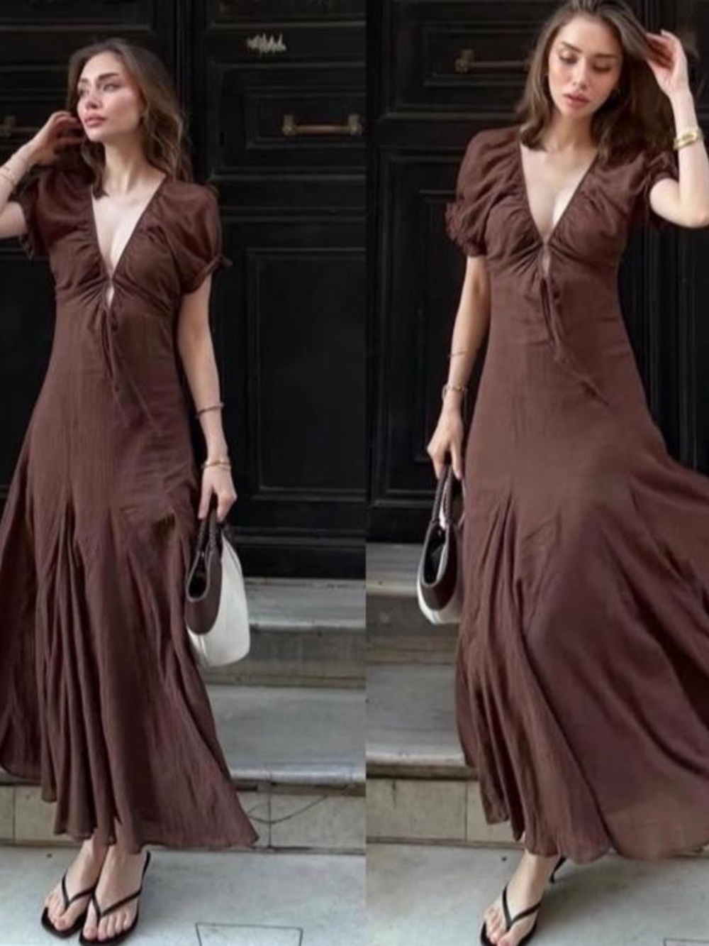 Zara Brown V-Neck Ruched Maxi Dress with Puff Sleeves